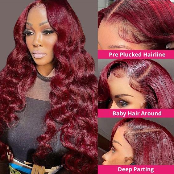 Glueless Pre Cut Invisi-Band 360 Lace Frontal Wig 99J Burgundy Body Wave Human Hair Wigs