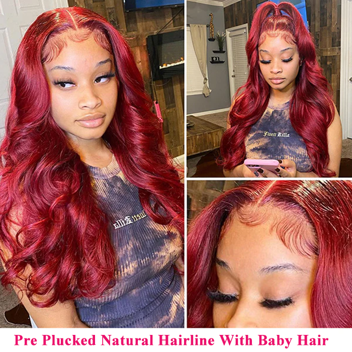 Glueless Pre Cut Invisi-Band 360 Lace Frontal Wig 99J Burgundy Body Wave Human Hair Wigs