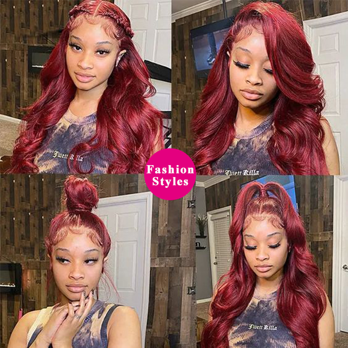 Glueless Pre Cut Invisi-Band 360 Lace Frontal Wig 99J Burgundy Body Wave Human Hair Wigs