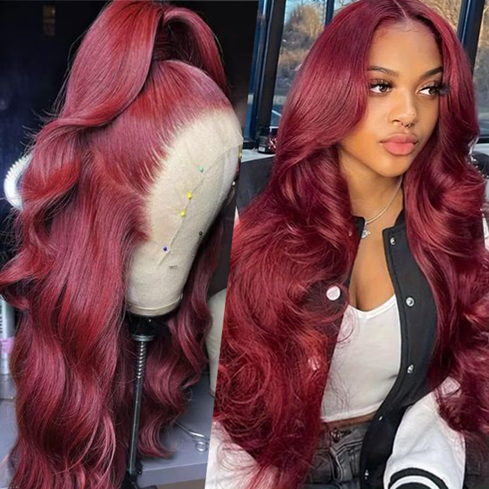 Glueless Pre Cut Invisi-Band 360 Lace Frontal Wig 99J Burgundy Body Wave Human Hair Wigs