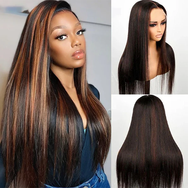 Zlike 1B/30 Highlight Straight Invisi-Band 360 Transparent Lace Wig Pre Cut Glueless Human Hair Wigs