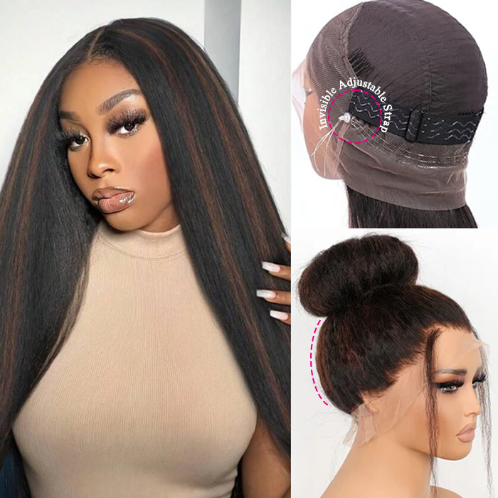 Pre Cut Glueless 1B/30 Highlight Yaki Straight Invisi-Band 360 Transparent Lace Frontal Human Hair Wigs