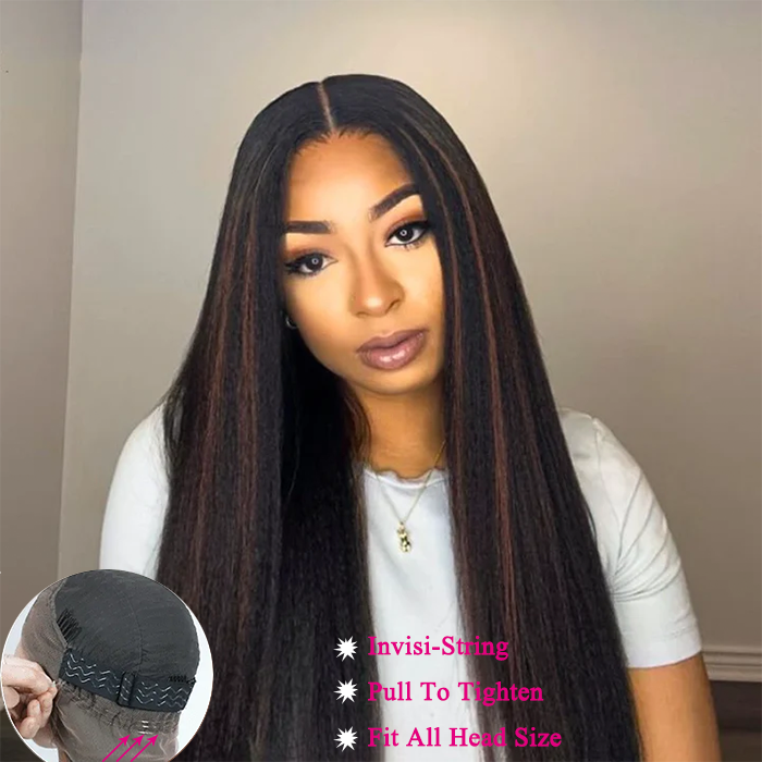 Pre Cut Glueless 1B/30 Highlight Yaki Straight Invisi-Band 360 Transparent Lace Frontal Human Hair Wigs