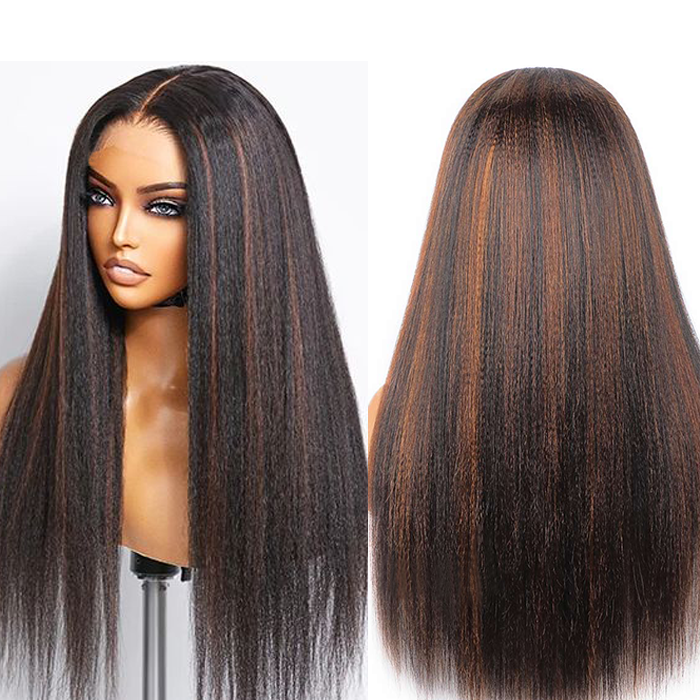 Pre Cut Glueless 1B/30 Highlight Yaki Straight Invisi-Band 360 Transparent Lace Frontal Human Hair Wigs