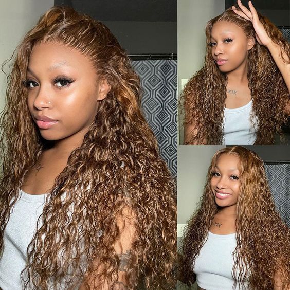 Highlight Honey Blonde Water Wave Glueless Invisi-Band 360 Lace Frontal Human Hair Wigs