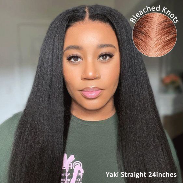 Zlike Pre Bleached Yaki Straight Invisi-Band 360 Lace Frontal Wig Glueless Human Hair Wigs