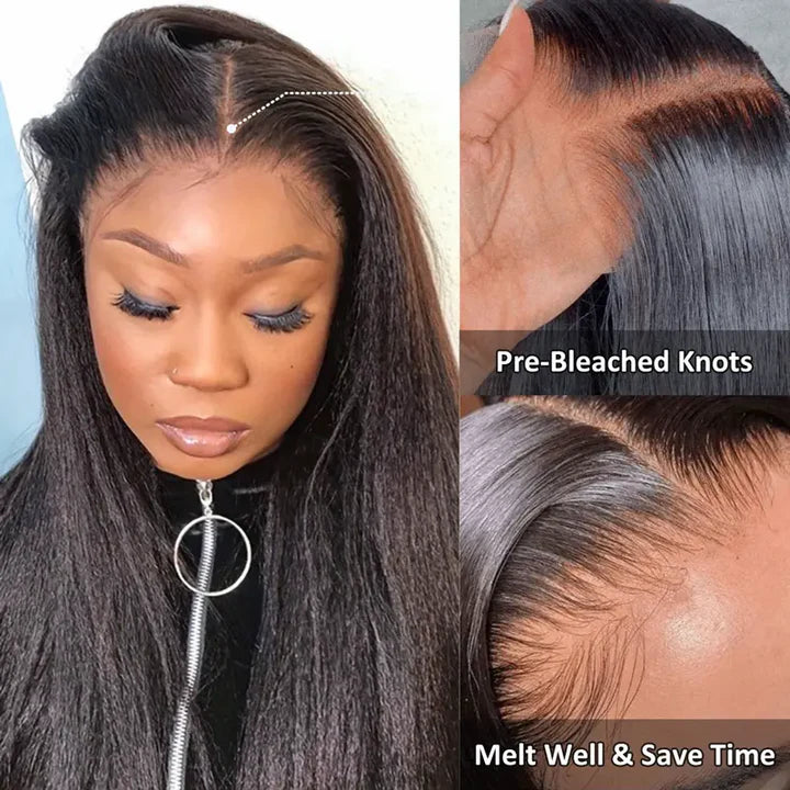 Zlike Pre Bleached Yaki Straight Invisi-Band 360 Lace Frontal Wig Glueless Human Hair Wigs