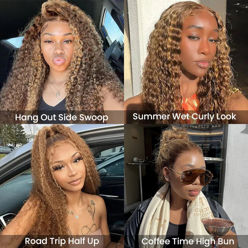 Water Wave Invisi-Band 360 Lace Frontal Wigs Highlight Honey Blonde Glueless Human Hair Wigs