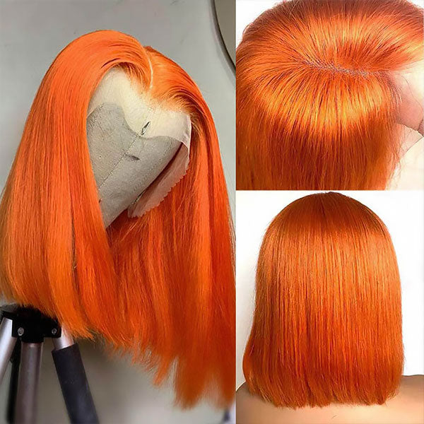 #350 Orange Short Straight Bob Wig Human Hair Lace Front Bob Wigs-Zlike