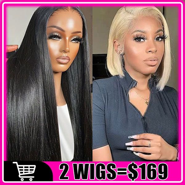 169=2 Wigs Bone Straight 13X4 Lace Frontal Wig Pre Plucked + 12Inch 613 Blonde Bob Wig 13X4 Lace Frontal Wig Human Hair Flash Sale