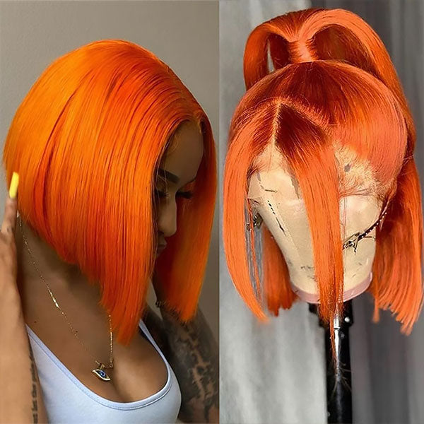 #350 Orange Short Straight Bob Wig Human Hair Lace Front Bob Wigs-Zlike