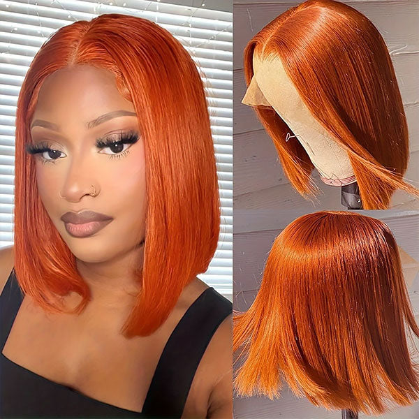 #350 Orange Short Straight Bob Wig Human Hair Lace Front Bob Wigs-Zlike