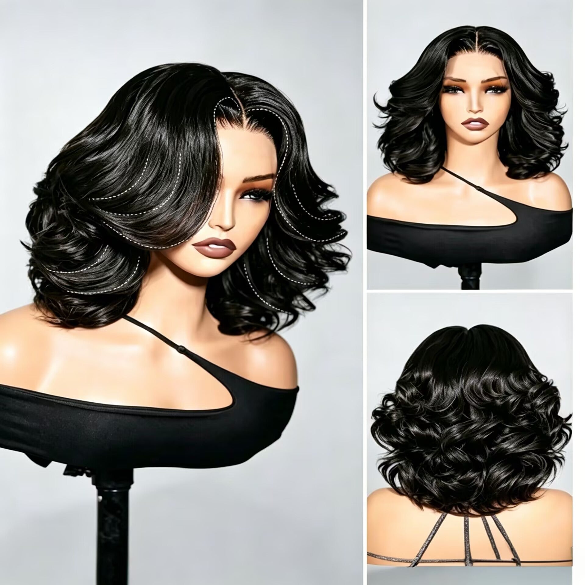 Zlike 7x5 Frontal Lace Loose Wave Bob Wig Pre-Cut Lace Glueless Human Hair Wig Natural Black Beginner Friendly