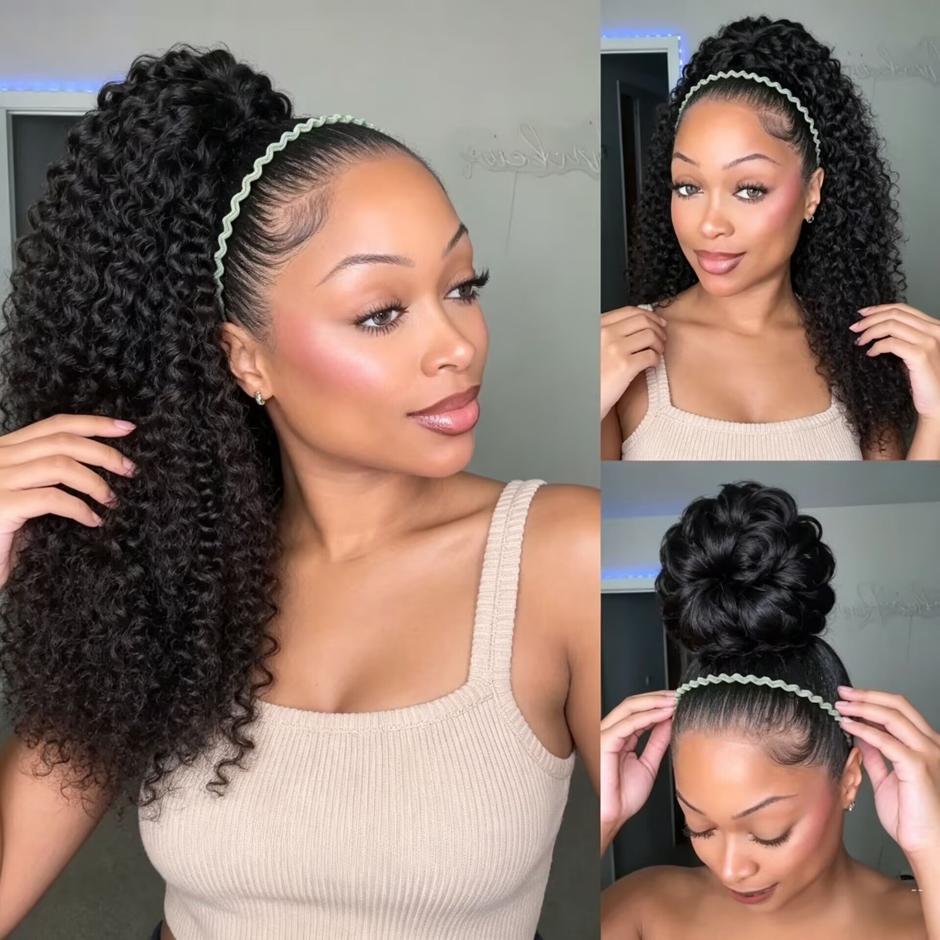 Zlike Burmese Curly Finger Coil Ponytail 100% Human Hair Extension with Invisible Drawstring Band