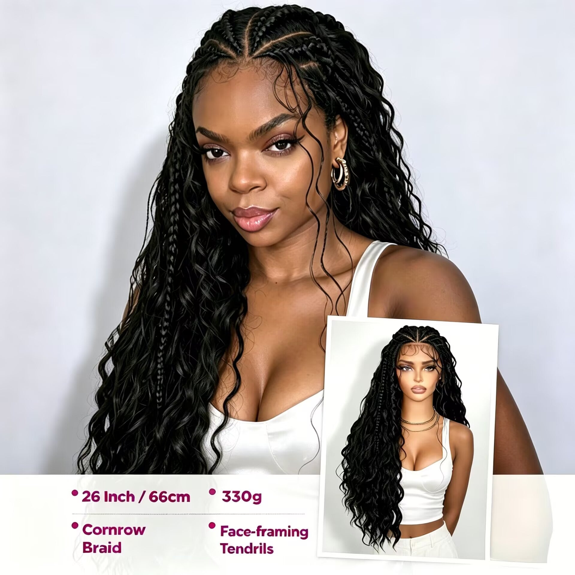 Zlike 13x6 Lace Front Cornrow Curly Boho Braids Wig Natural Black with Face Framing Pre Plucked Glueless Lace Frontal Wig with Baby Hair