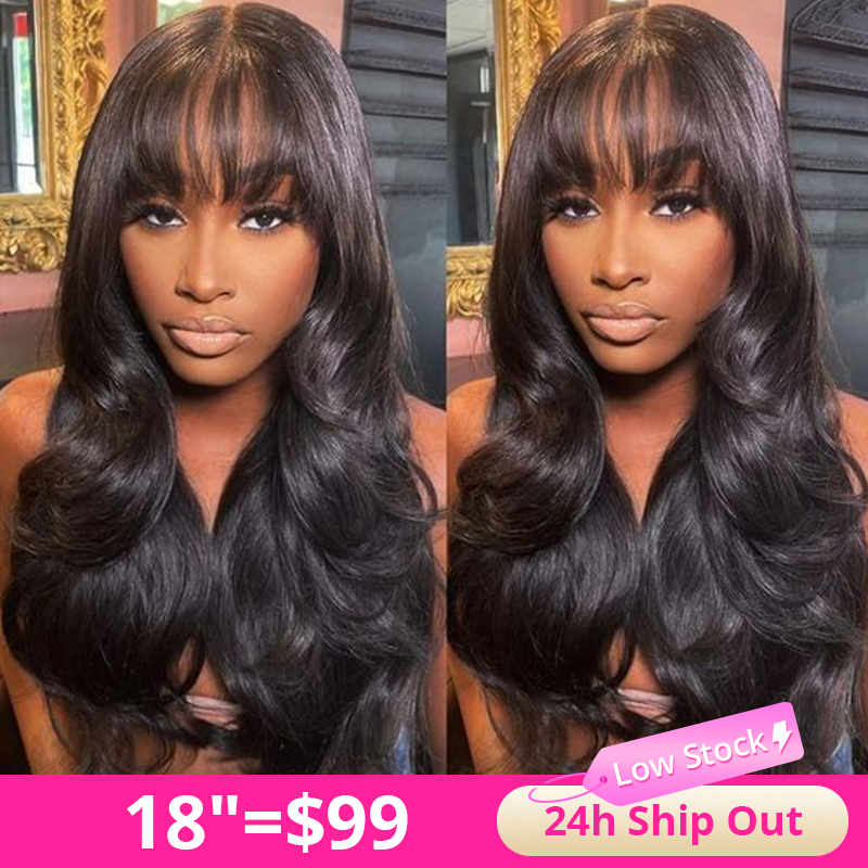 Ready To Go Glueless Body Wave Transparent Top Lace Wig Pre Bleached Human Hair Wigs With Bangs