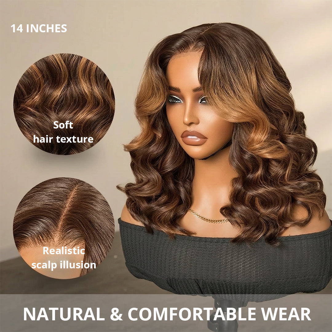 Zlike Brown Mixed Golden Color Loose Wave Human Hair Wigs Ombre Brown Lace Front Wigs with Drawstring