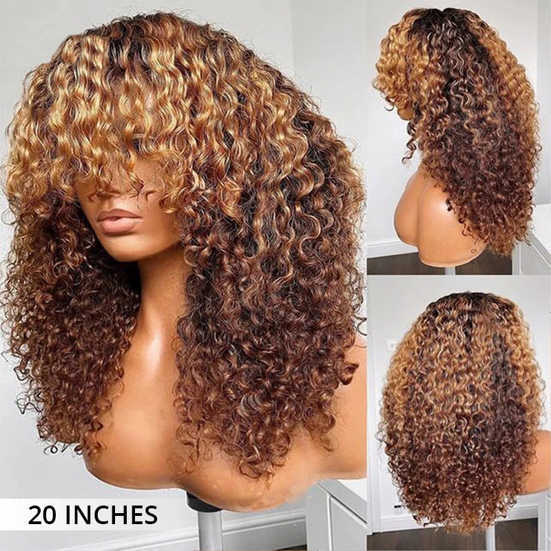 Zlike 300% Density Honey Blonde Highlight 13x4 Lace Front Jerry Curly Wigs With Bangs 100% Human Hair Wigs