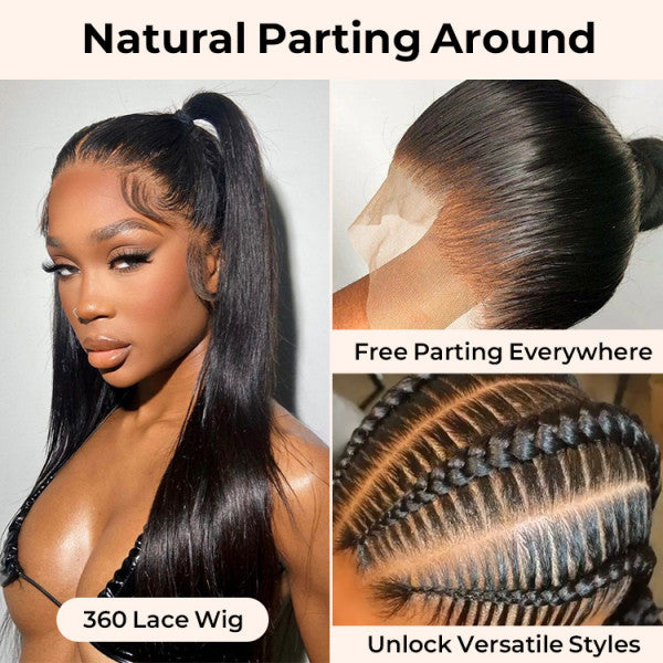 Invisi-Band Silky Straight 360 Transparent Lace Frontal Wigs Bleached Knots Pre Cut Human Hair Wigs