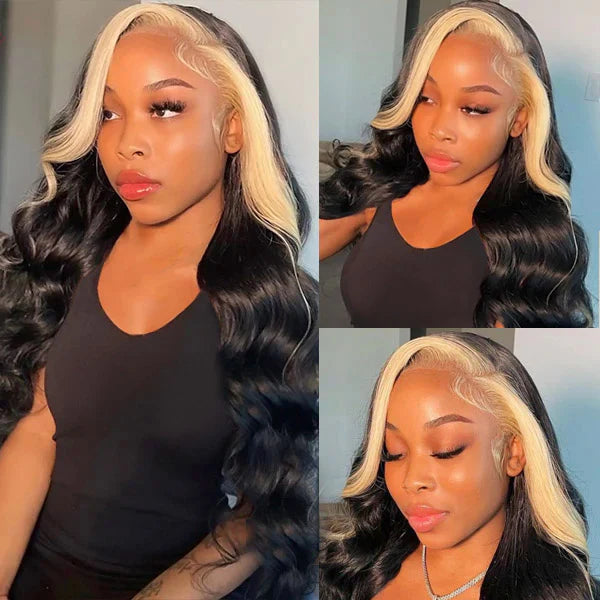 #1B 613 Highlight Blonde Skunk Stripe Body Wave Lace Front Human Wigs