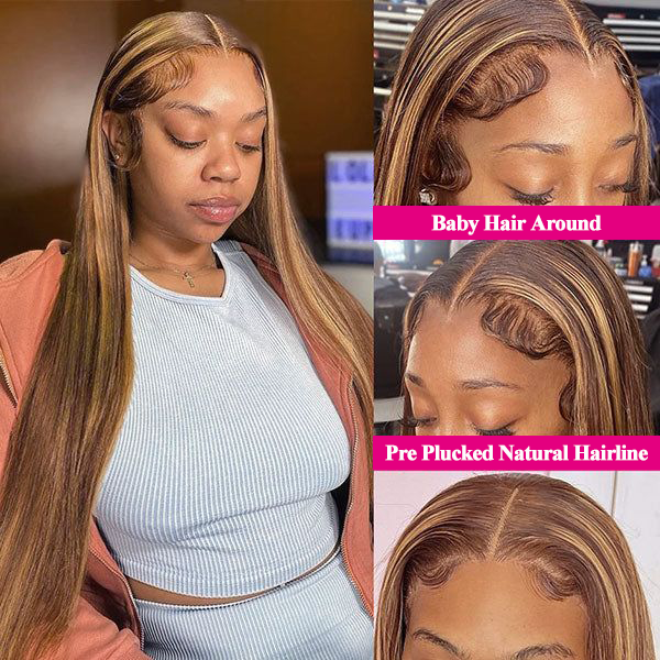 #4/27 Honey Blonde Highlights Straight Transparent Lace Closure Wig Glueless Human Hair Wigs