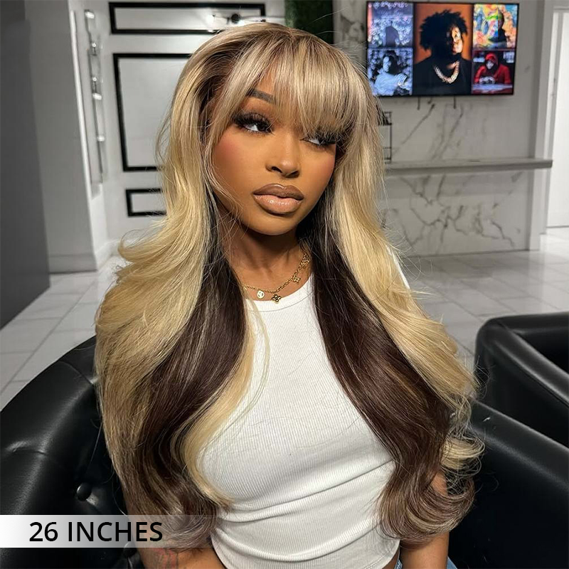 Zlike  Peekaboo Blonde With Brown Underneath Body Wave 13x4 Lace Frontal Wigs With Bangs 100% Human Hair Wigs