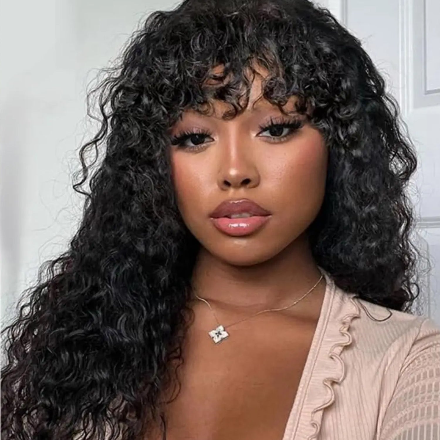 Zlike Curly Wave Wig With Bangs Natural Color Human Hair Glueless Wigs