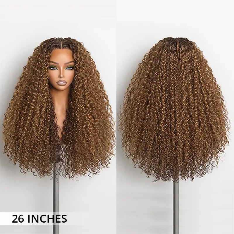Zlike Golden Chestnut Curly Wigs With Dark Roots Human Hair Transparent Glueless Lace Front Wigs