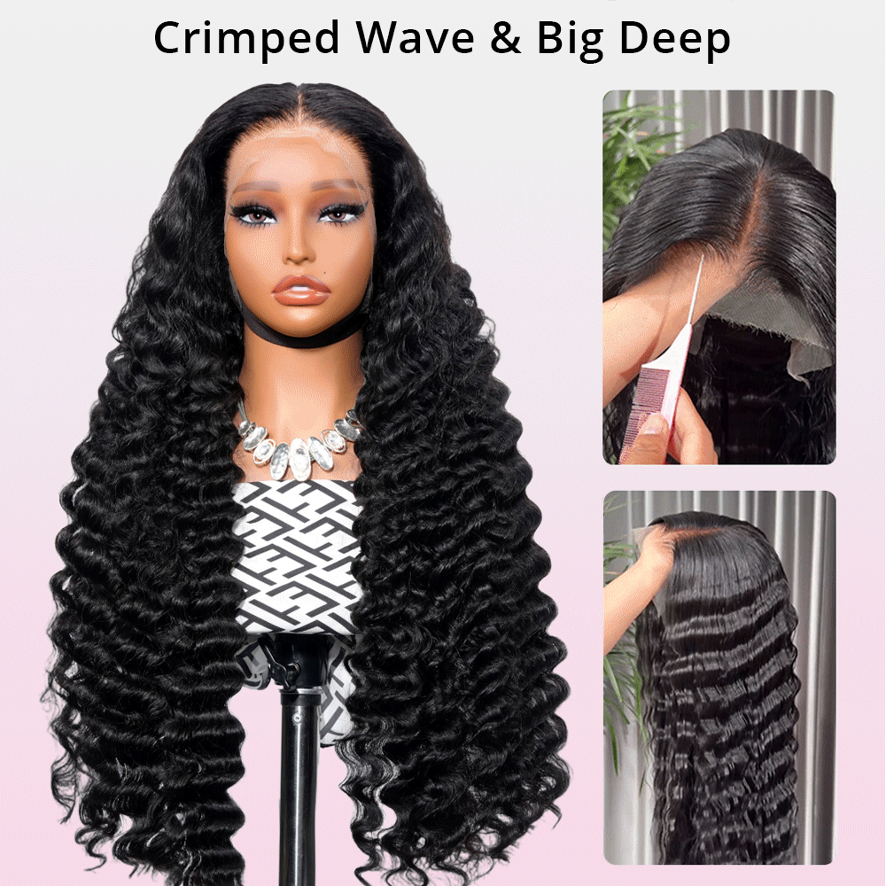 Zlike Luxury Bouncy Crimped Wave Long Hair Wigs 300% Density 100% Human Hair Lace Front Wigs For Women