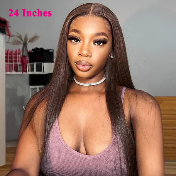 Pre Plucked #4 Chocolate Brown Silky Straight Lace Front Human Hair Wigs With Baby Hair