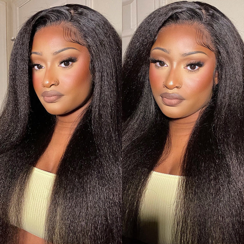 Glueless Lace Closure Wigs Yaki Straight Pre Cut Wear Go Human Hair Wigs With Baby Hair