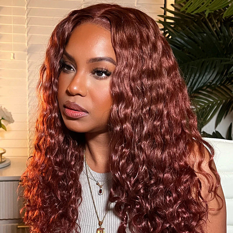 Reddish Brown 4x4 Water Wave Glueless Lace Closure Human Hair Wigs