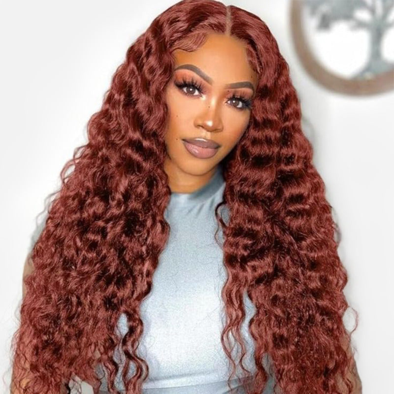 Pre Plucked Reddish Brown #33 Water Wave Transparent Lace Front Wig Human Hair Wigs For Women