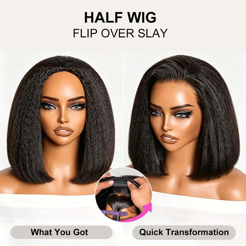 Zlike 3-In-1 Half Wig 180% Density Kinky Straight Bob Glueless Flexi-Fit Drawstring Wigs