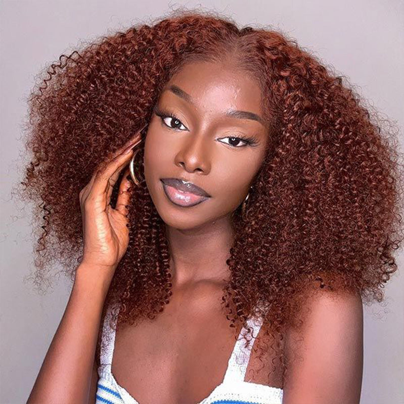 #33 Reddish Brown Kinky Curly Lace Closure Wig High Density Human Hair Wigs With Baby Hair