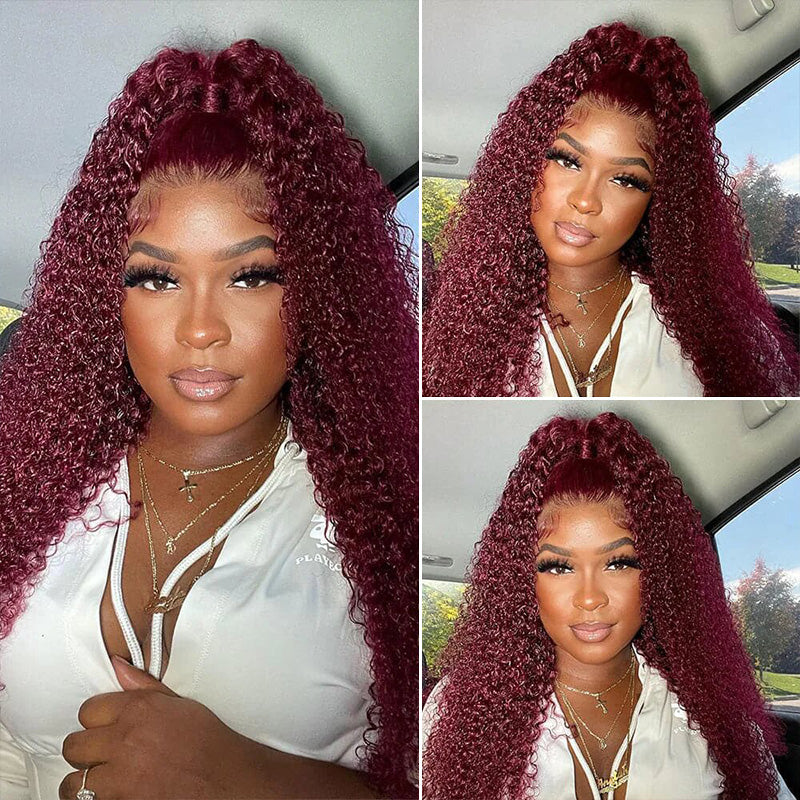 99J Burgundy Colored Kinky Curly Transparent Lace Front Human Hair Wigs Natural Hairline