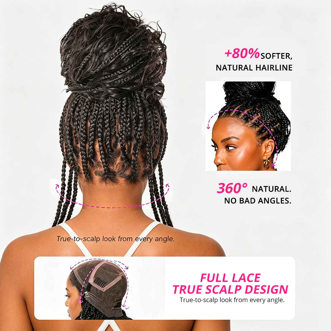 Zlike Light Weight Flexi-Fit Invisi Drawstring Cap Full Lace Knotless Boho Curls Braided Long Wig Super Natural Scalp Pre-Cut Lace