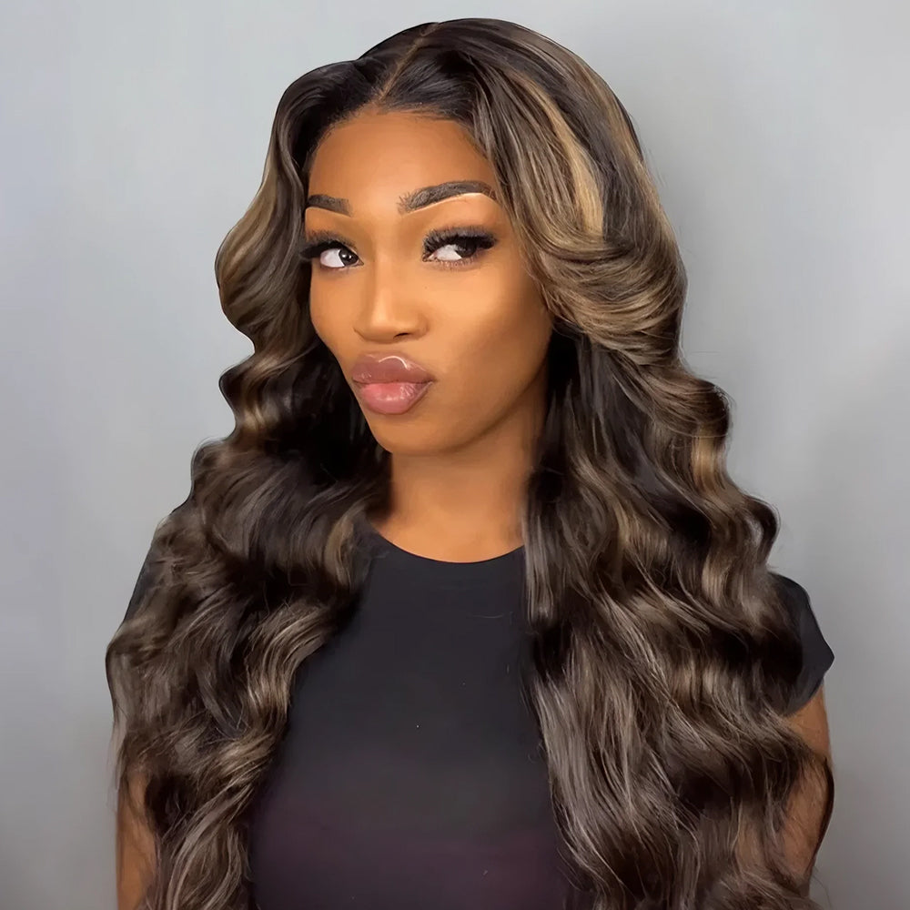 Zlike 300% Density Highlight Balayage Piano Colored Straight Body Wave Wigs Human Hair Lace Front Super Invisible Lace Wig