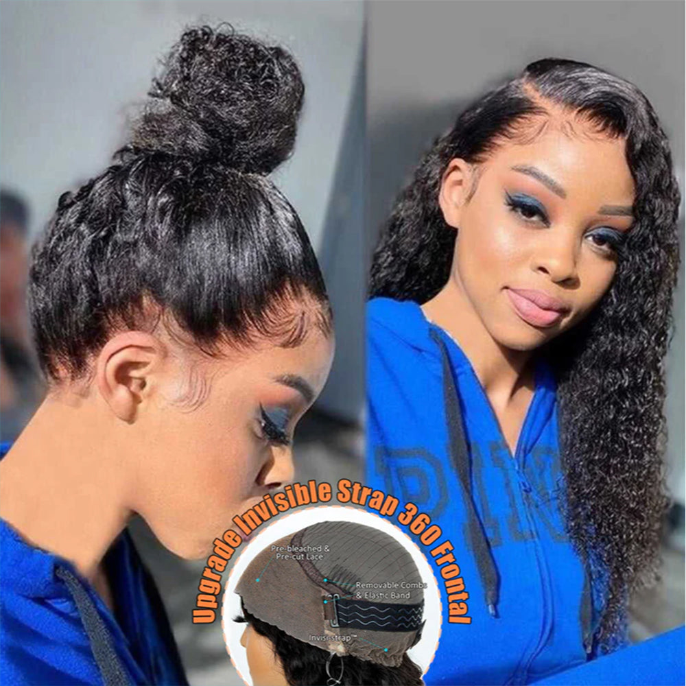 24"=$168 Water Wave Invisi-Strap 360 Lace Frontal Wigs Bleached Knots Pre Cut Human Hair Wigs