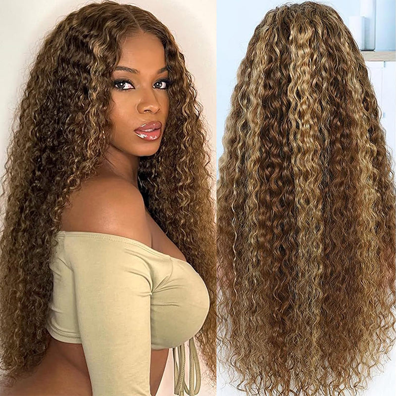 Natural Hairline Kinky Curly Lace Wig #4/27 Honey Blonde Highlights Colored Human Hair Wigs