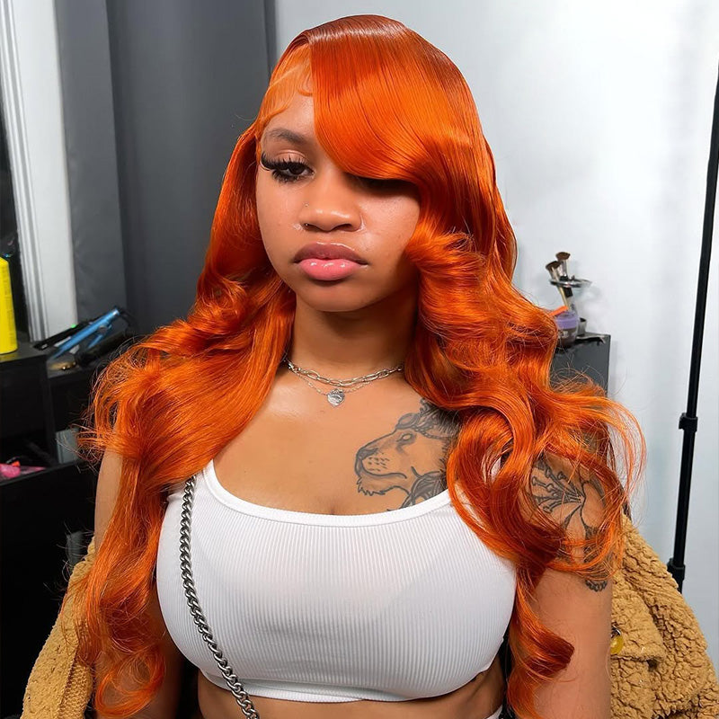 350 Ginger Orange Body Wave Wig Transparent Lace Front Wig High Density Human Hair Wigs