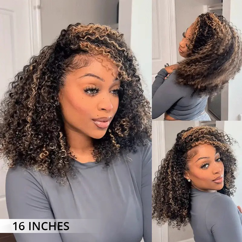 Zlike Highlight Brown Kinky Curly Half Wig Draw-strings Flip Over Wigs 100% Human Hair