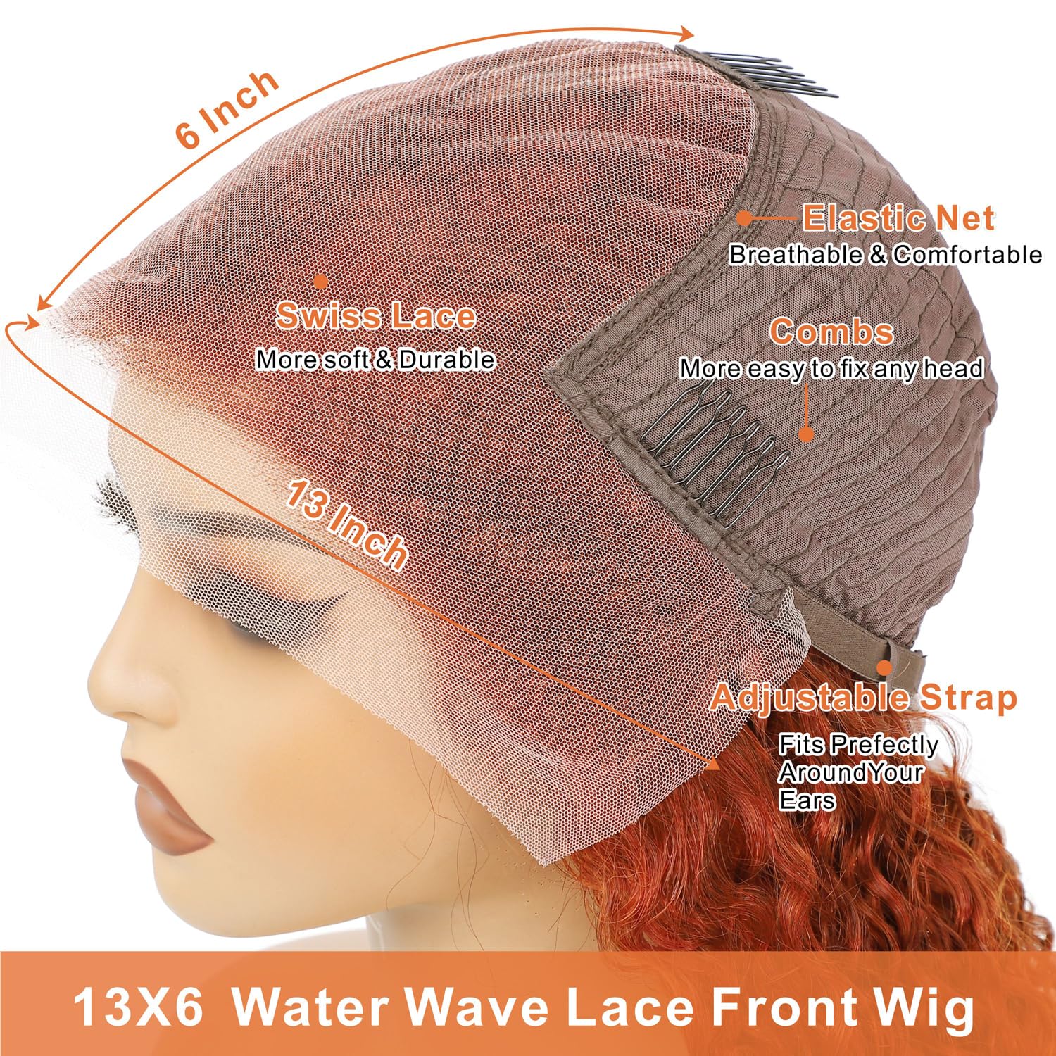 [ ZLIKE Amazon Clearance ] #350 Orange Colored Water Wave Human Hair Wigs Pre Plucked Transparent Lace Front Wig