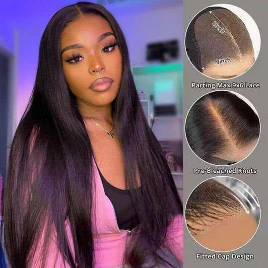 Flash Sale | Pre-Plucked Straight 9x6 Glueless Human Hair Lace Closure Wigs Bleached Knots Natural Hairline