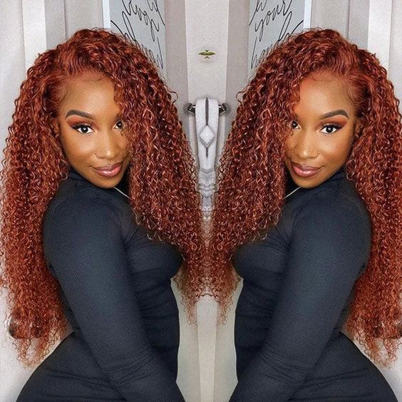 #33 Reddish Brown Curly Transparent Lace Closure Wigs With Baby Hair For Women