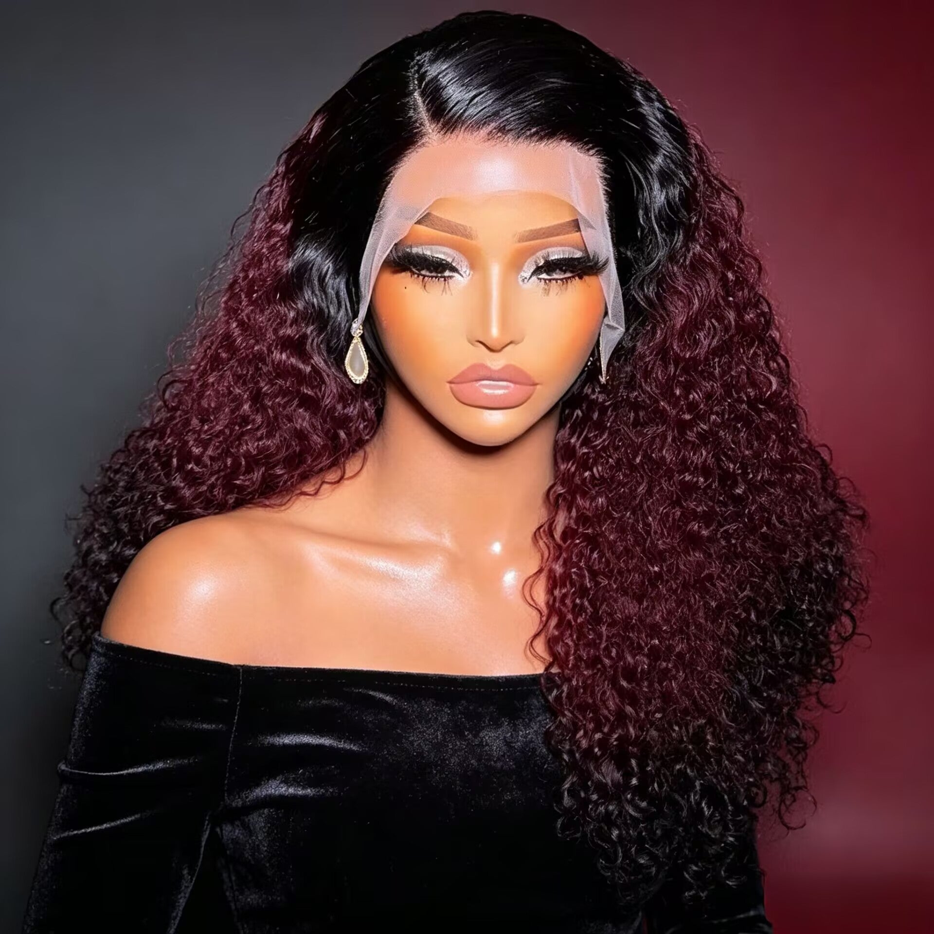 Zlike 300% Density Ombre 99J Burgundy Curly Human Hair Wig Transparent Lace Front Glueless Wig