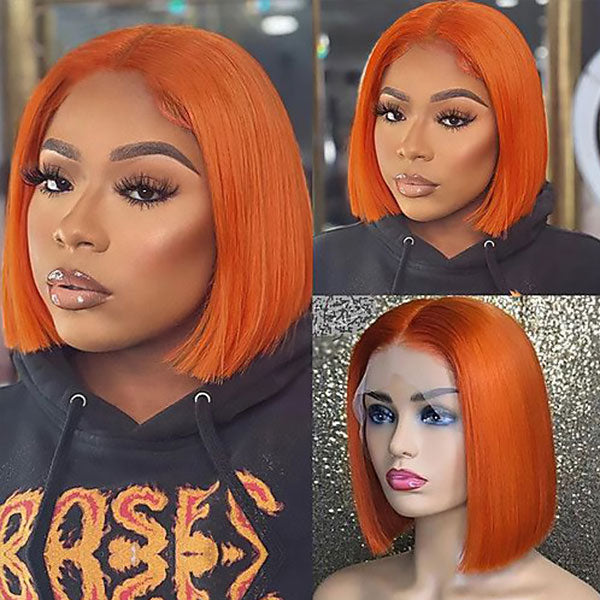 #350 Orange Short Straight Bob Wig Human Hair Lace Front Bob Wigs-Zlike