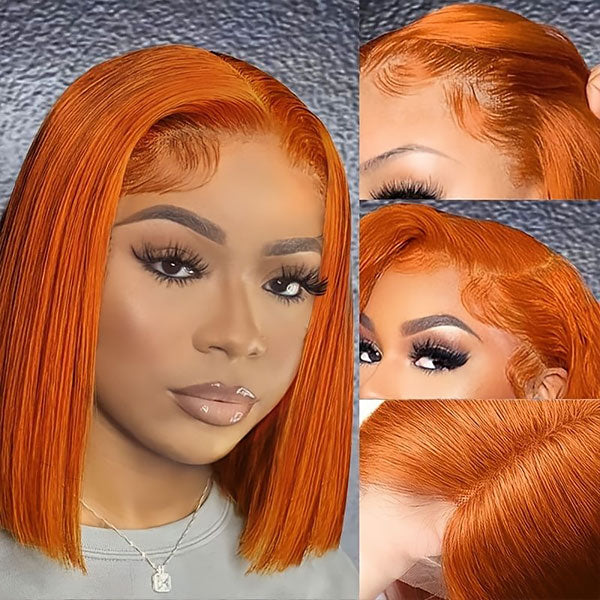 #350 Orange Short Straight Bob Wig Human Hair Lace Front Bob Wigs-Zlike