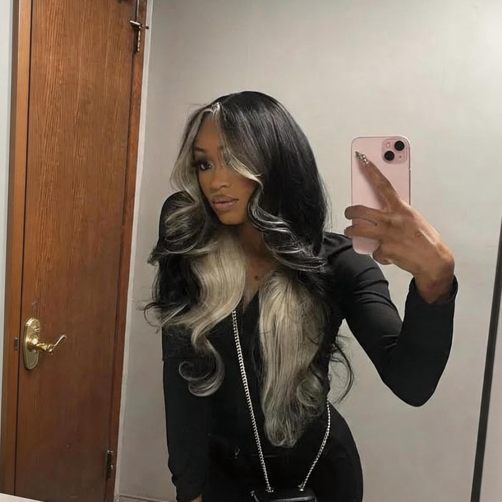 Zlike Skunk Stripe Layered Cut Body Wave Human Hair Glueless Wigs Pre-Cut Lace Drawstring Wigs 7x5 Transparent Lace