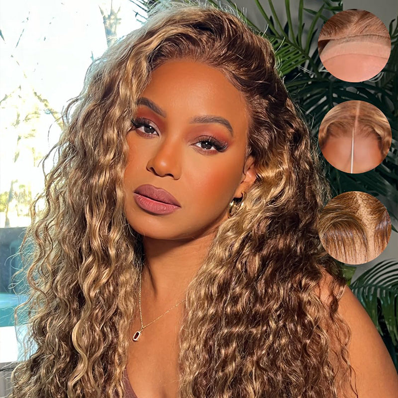 Zlike 13x4 Lace Front Wigs Honey Blonde Highlight Water Wave Human Hair Wigs
